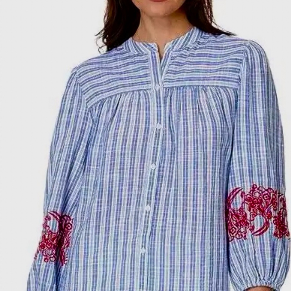 Tommy Hilfiger Blue Striped Women's Top with Red Embroidery